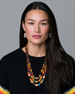 Portrait of a woman with colorful necklace showcasing fashion and style