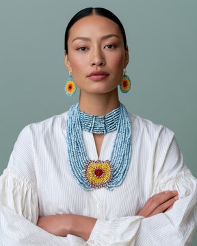 Elegant woman adorned in colorful beaded jewelry against neutral background
