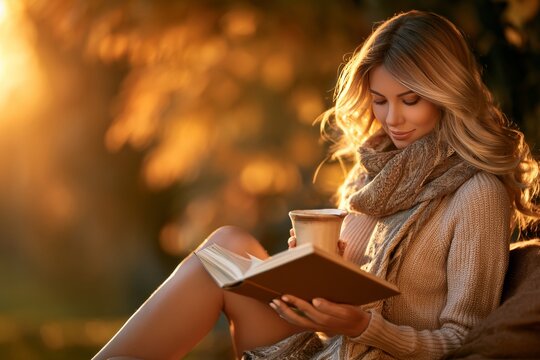 Blond woman relaxing while reading a book and drinking coffee in an autumn park