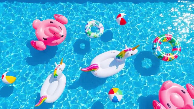 Colorful inflatable flamingo and unicorn pool floats drifting in bright blue swimming pool water