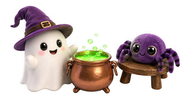 Cute halloween ghost in witch hat with bubbling cauldron and purple spider plush, isolated on transparent background
