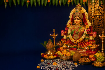 Obraz premium Goddess Lakshmi idol beautifully decorated with flower garlands and jewelry surrounded by burning brass oil lamps, fruits, coconut kalash, and traditional rangoli pattern