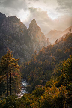 Stunning mountain peaks and pine forests in Restonica Valley, France 2024