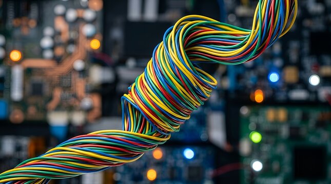 Twisted multicolored electrical wires on blurred circuit board background, technology, internet, data, electronic components, hardware