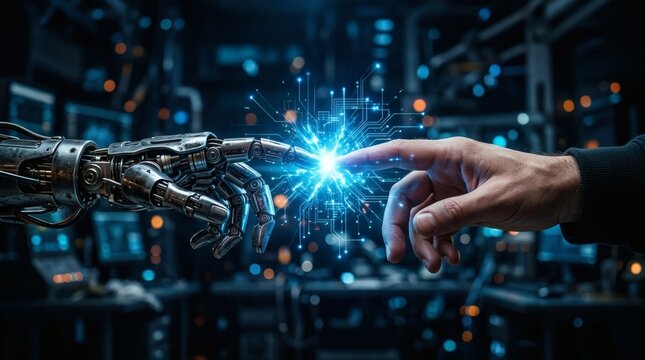 Human and robotic hands reaching towards each other with digital connection technology
