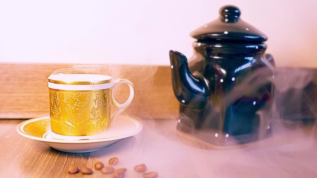 Hot coffee cup with steam rising next to a teapot on wooden table