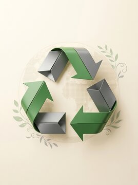 Modern recycling symbol crafted from folded green and gray metal sheets with organic decoration