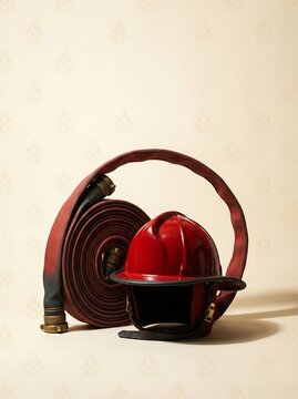Professional firefighter helmet and hose set against neutral textured background with safety focused presentation