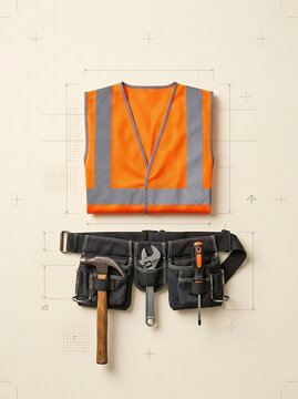 Bright high visibility safety vest paired with durable tool belt holding essential hand tools