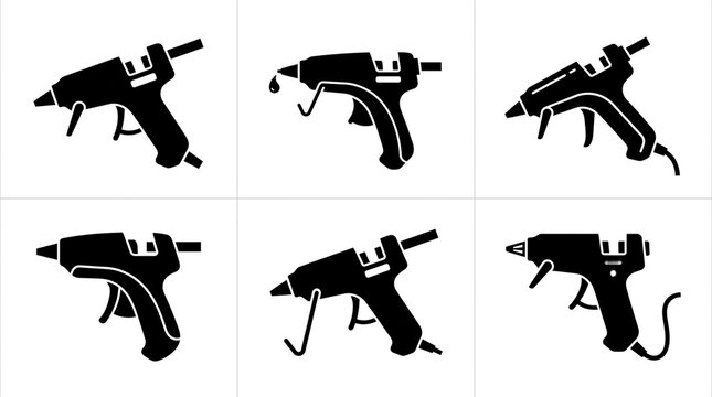 Black silhouette illustrations of hot glue guns in various positions