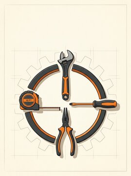 Illustrated set of hand tools arranged in circular gear pattern on light background with stylized flat illustration