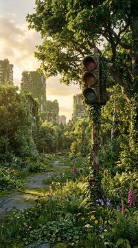 Overgrown urban pathway with rusted traffic signal emerging from lush green foliage during golden hour