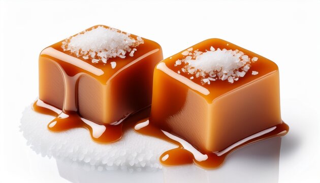 two salty caramel candy cubes topped with caramel sauce and salt on white background