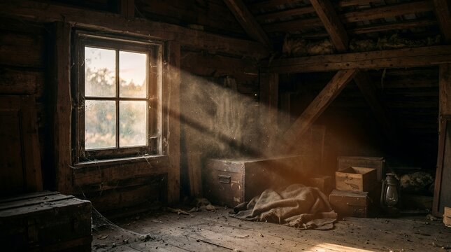 Sun rays streaming into a rustic wooden attic room.