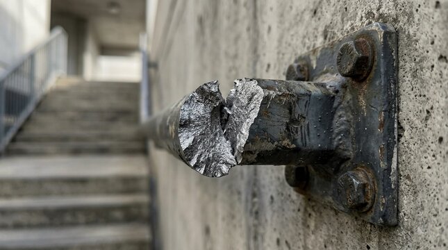 Fractured Steel Reinforcement Bar Exposed in Concrete Wall