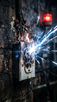 Burning wall outlet with electrical short circuit and sparks. Dangerous faulty wiring causing fire hazard. Institutional building maintenance and home safety emergency repair concept.