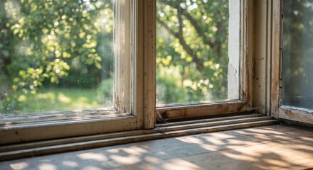 Fototapeta premium Old wooden window frame with natural sunlight and blurred green garden view background