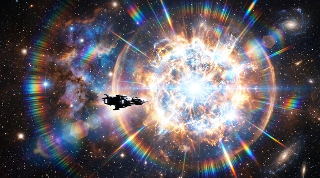 Spaceship near supernova explosion in deep galaxy.
