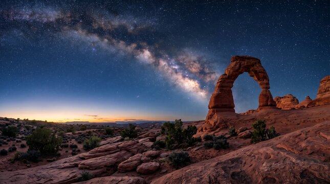 Arches National Park Utah Delicate Arch at dusk with Milky Way appearing above arch, Premium Nature Stock Photography Capture.