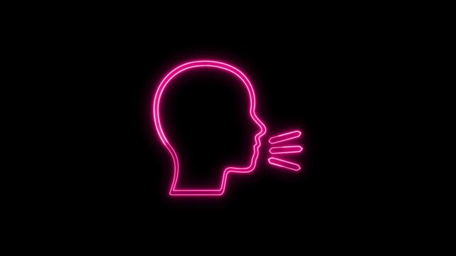 Glowing pink neon head coughing and speaking animation on a black background, respiratory health, voice control, medical symptom, or social distancing