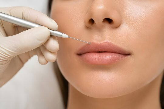 Non surgical bullhorn lip lift procedure using hyaluronic acid filler. Premium philtrum shortening and lip augmentation close up