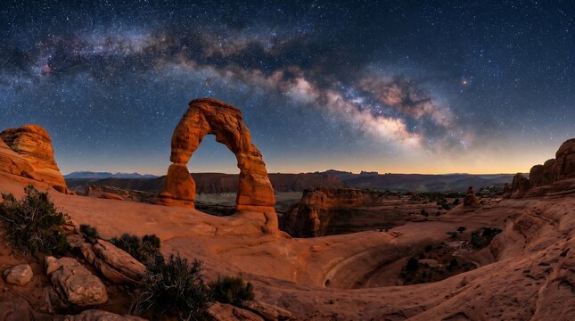 Arches National Park Utah Delicate Arch at dusk with Milky Way appearing above arch, High-Resolution Travel and Nature Stock Photo.