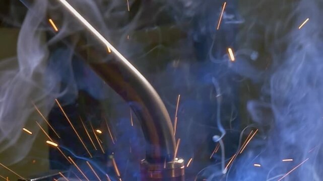Close-up of an industrial argon welding robot in action. Sparks fly and smoke swirls as the robot expertly fuses metal together in a mesmerizing slow-motion display of craftsmanship and technology.