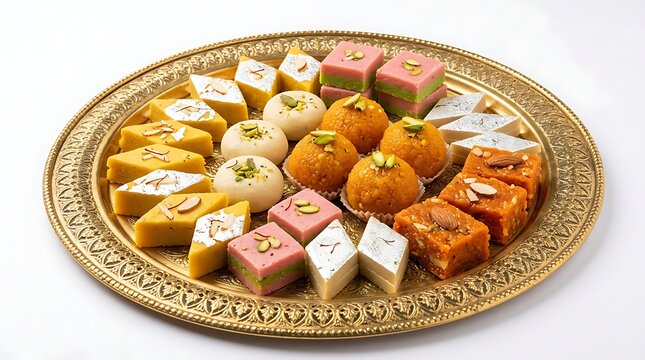 Assorted Indian sweets arranged on a decorative golden platter for festive celebrations and traditional dessert service