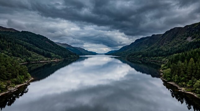 Loch Ness Scotland calm pewter water with brooding pine-forested hills and cloud.