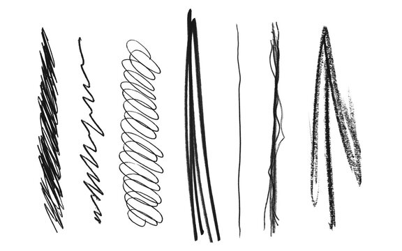 Black pencil scribbles, hand drawn charcoal brush strokes set isolated on transparent background