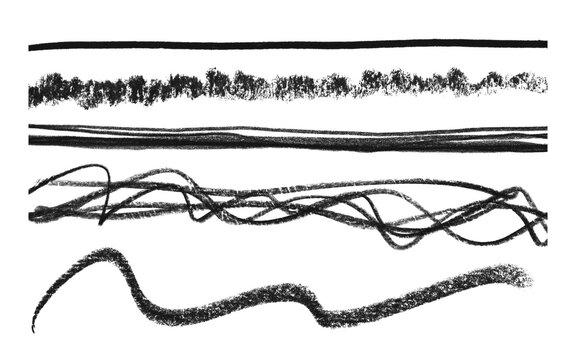 Black Charcoal Pencil Line Strokes and Scribble Brush Textures Isolated on Transparent Background