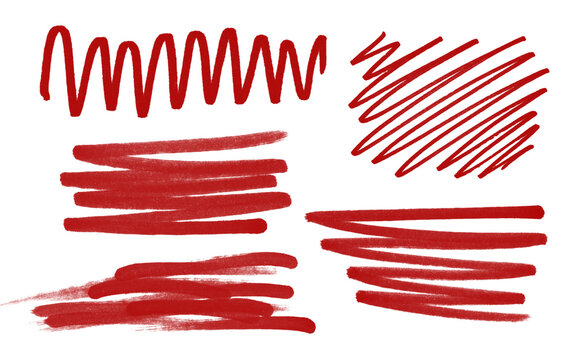 Red Marker Scribbles and Hand Drawn Zigzag Stroke Set Isolated on Transparent Background PNG