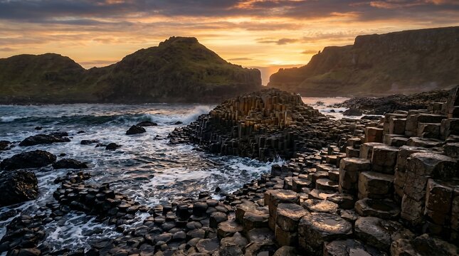 Giant's Causeway Northern Ireland hexagonal basalt columns at wave-washed coastline, Premium Nature Stock Photography Capture.
