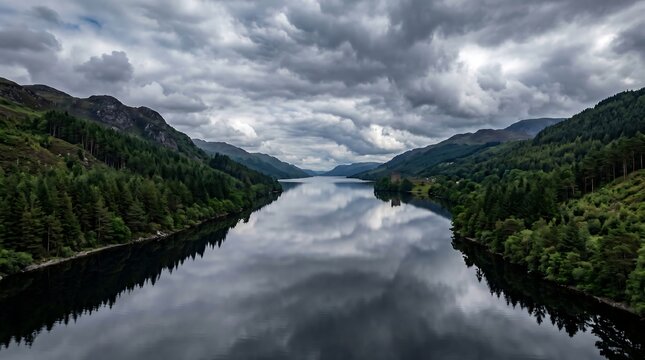 Loch Ness Scotland calm pewter water with brooding pine-forested hills and cloud, Premium Nature Stock Photography Capture.