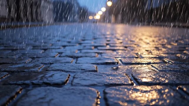 Rain falling on cobblestone street with blurred city lights bokeh at dusk atmospheric weather wet surface reflections