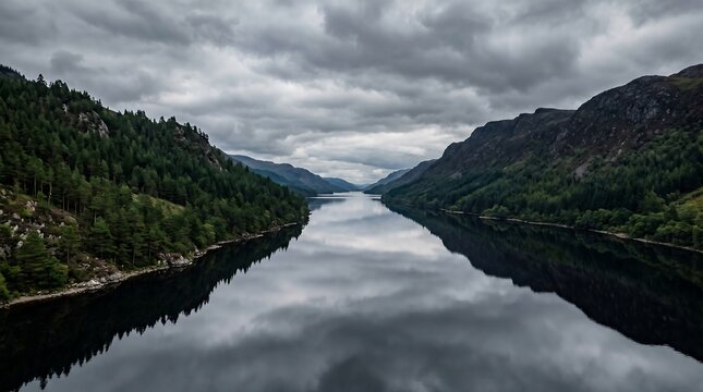 Loch Ness Scotland calm pewter water with brooding pine-forested hills and cloud, Ultra High-Definition Background Stock Image.