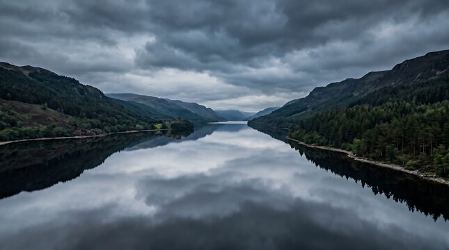 Loch Ness Scotland calm pewter water with brooding pine-forested hills and cloud, Professional Editorial Nature Photograph.