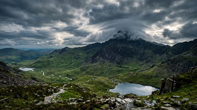 Snowdonia Wales Snowdon peak with dramatic cloud cap and green valley below, High-Resolution Travel and Nature Stock Photo.