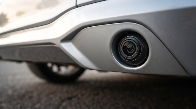 Detailed perspective of a vehicle parking sensor mounted on a rear silver bumper with parking aid sensor node car part vehicle safety automotive automobile exterior