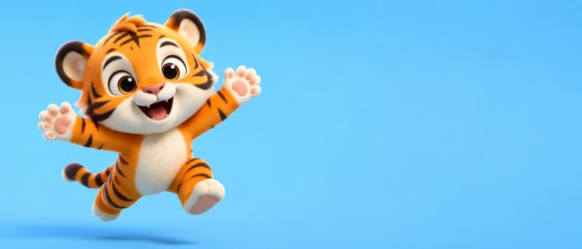 Cute cartoon tiger cub on solid blue background in banner format. Copy space