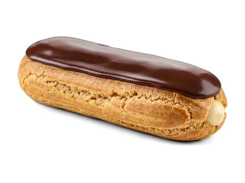 Classic chocolate eclair with cream filling isolated on transparent background