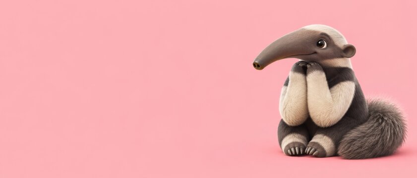 Adorable baby anteater peeking from the side on a light pink background with copy banner format
