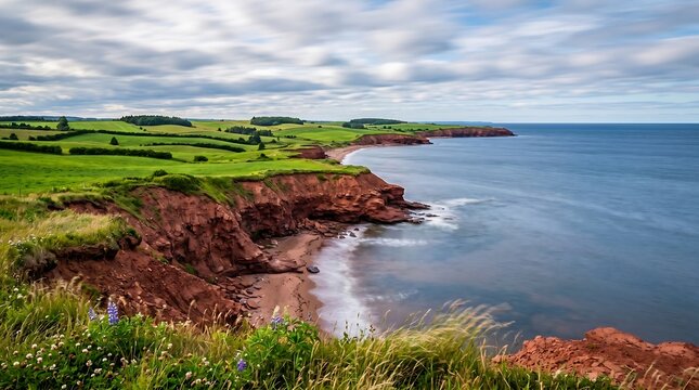 Prince Edward Island red sand cliffs and green farmland meeting blue Gulf of St Lawrence.
