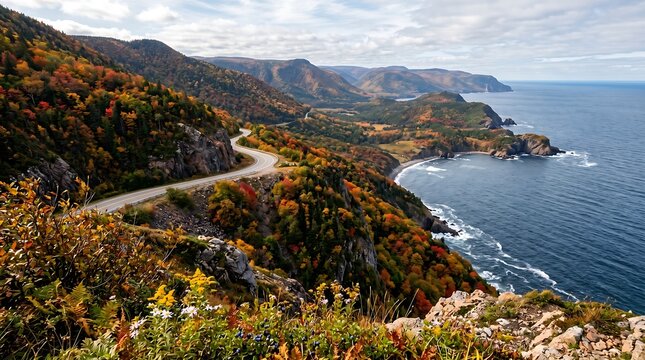 Cape Breton Nova Scotia Cabot Trail cliff road in autumn over Atlantic valley, Premium Nature Stock Photography Capture.