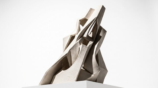 Minimalist black ceramic sculpture with sharp geometric angles on white pedestal display