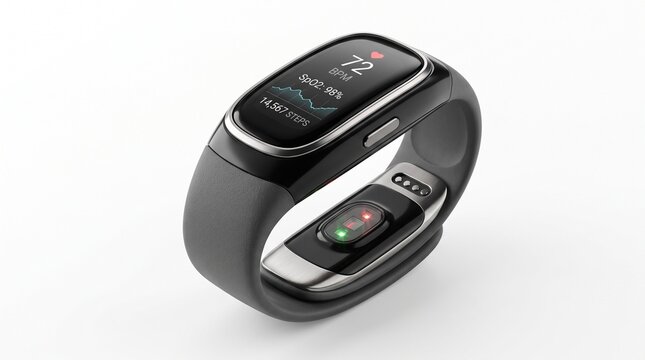 Smart fitness tracker wristband with heart rate monitor and digital display on black strap