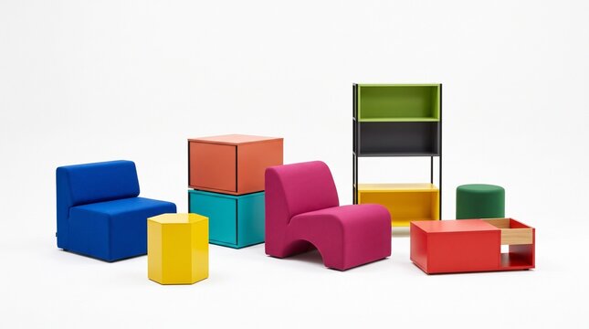 Modern modular furniture set in vibrant colors arranged on white background for interior design