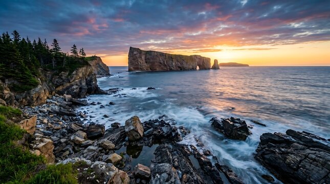 Gaspesie Quebec Perce Rock offshore at sunrise with wild coastline, Professional Editorial Nature Photograph.