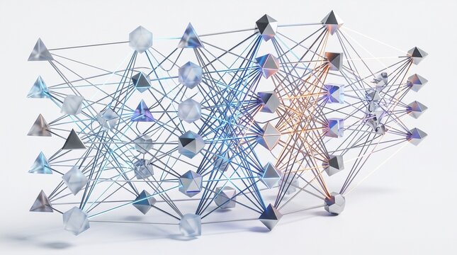 Abstract digital network nodes and glowing connections over white background for tech innovation