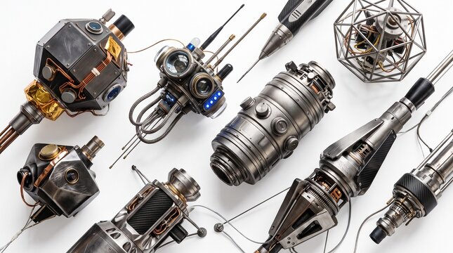 Assorted automotive engine parts and components arranged on white background for repair and design projects